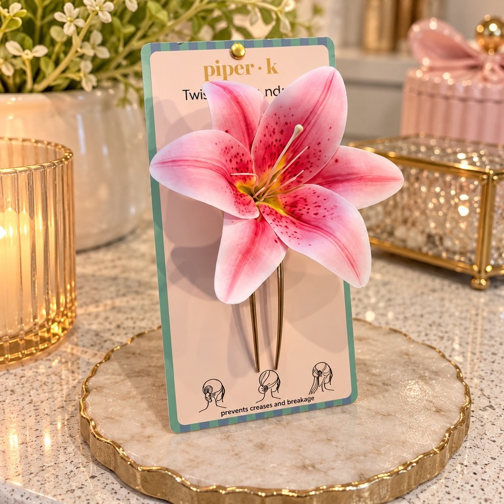 Piper K Pink Lily Twist Hair Pin Floral U-Shaped Bun Fork Accessory NWT